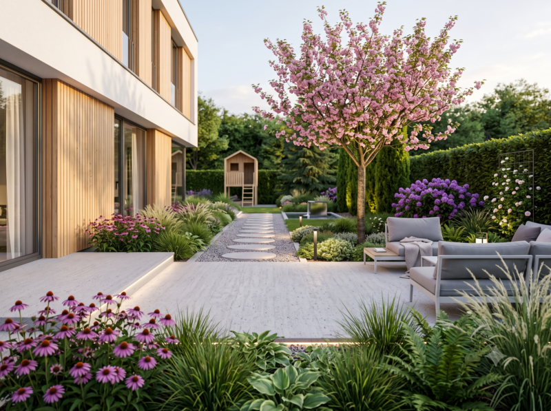 Moderne Gartengestaltung mit blühendem Kirschbaum, Echinacea, Rhododendron und Terrasse – Pflanzen-Preisvergleich Hamburg bei Plantaneo.