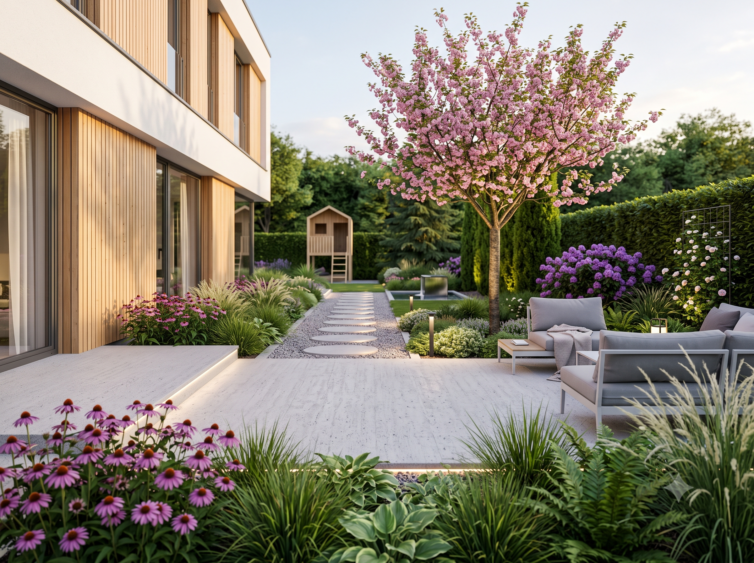 Moderne Gartengestaltung mit blühendem Kirschbaum, Echinacea, Rhododendron und Terrasse – Pflanzen-Preisvergleich Hamburg bei Plantaneo.